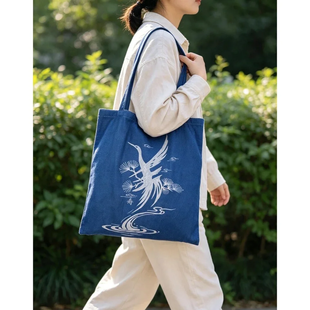 Nüshu Longevity Batik Tote Bag, Natural Indigo Pine & Crane Canvas Bag, Handmade